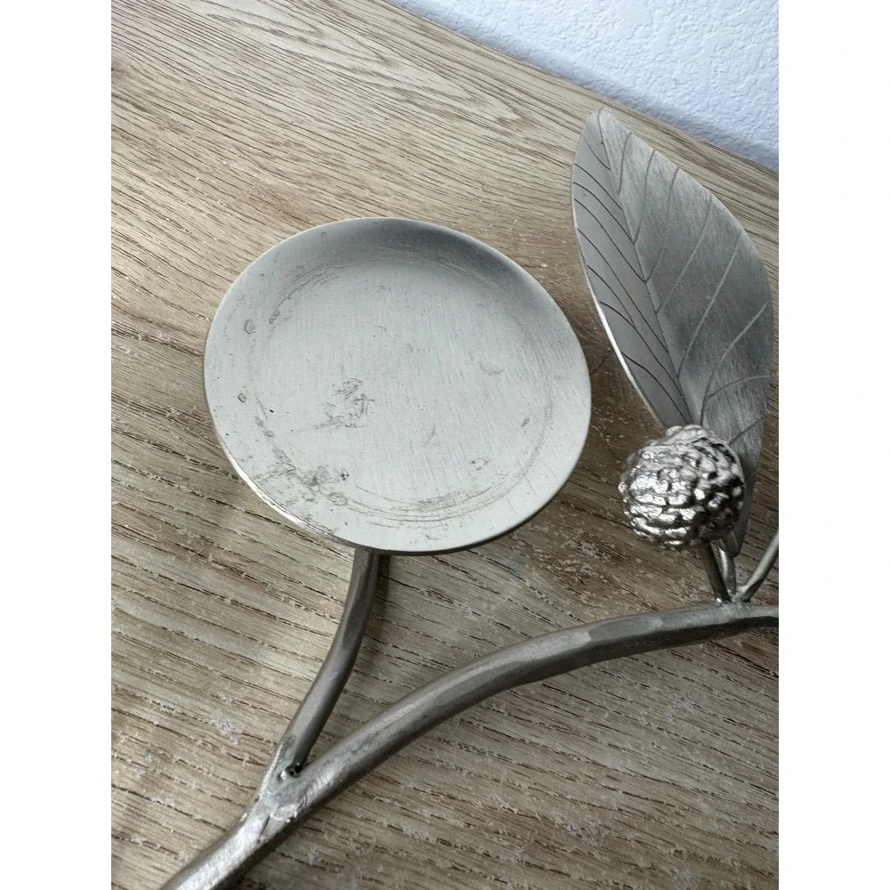Crate & Barrel Silver Metal Branch Pillar Candle Holder 3-Plate Botanical Leaf